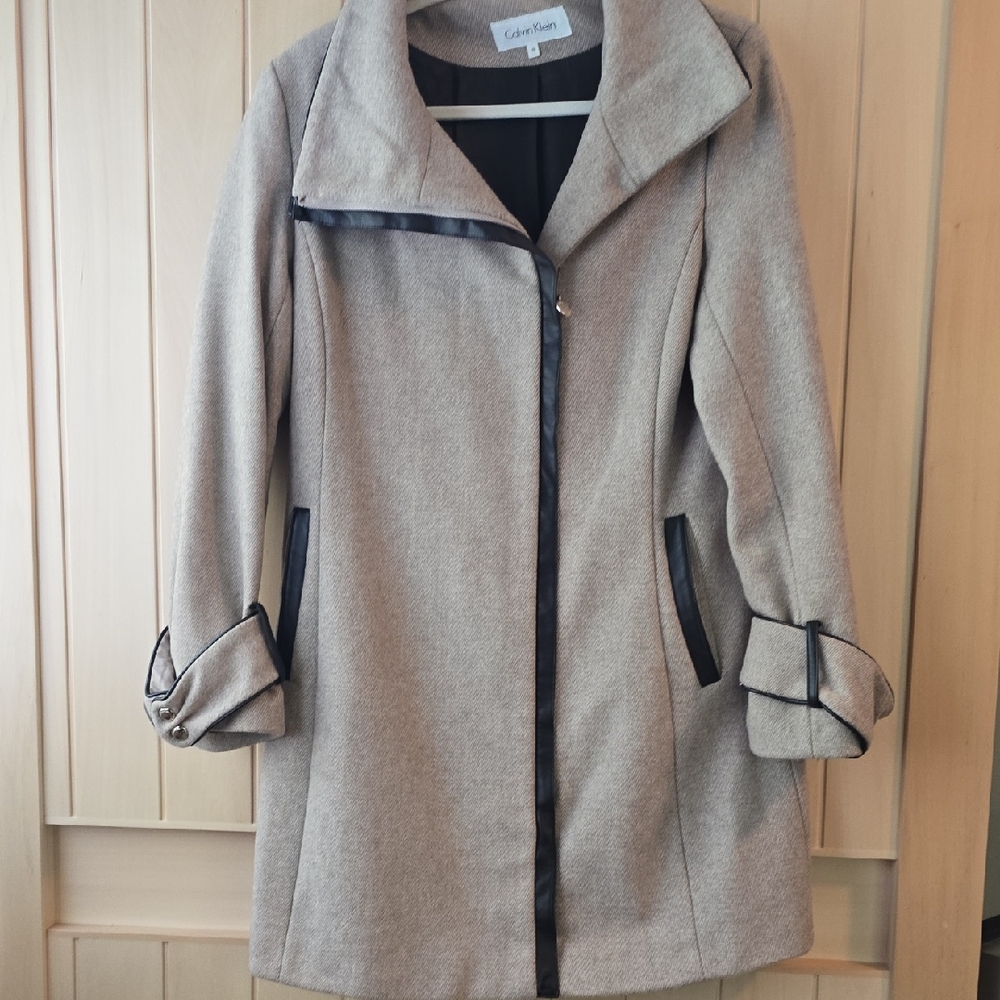 Calvin Klein Women's Tan Wool Coat with Brown Leather Trim